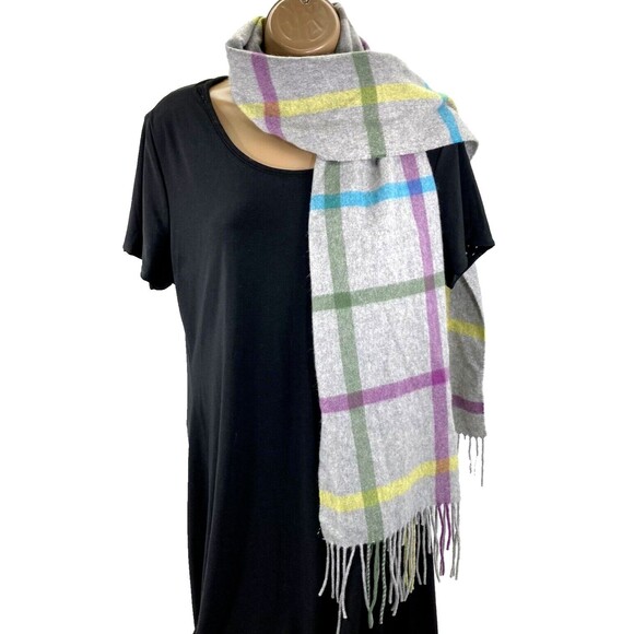 Coach Cashmere Legacy Scarf Shawl Fringe Plaid Gray Pink 64 in Preppy Old Money - Picture 1 of 15
